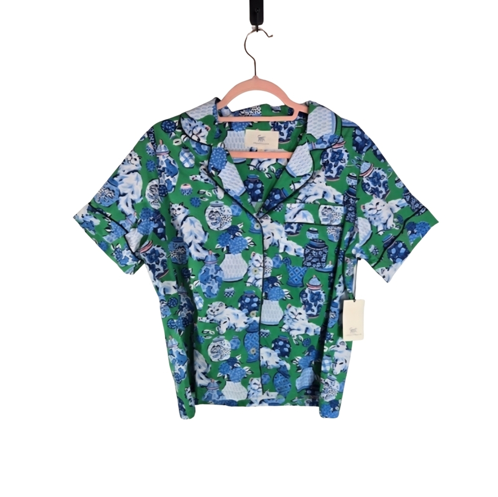 Printfresh Green Fancy Cat Vase Ginger Jar Pajama Top ONLY New